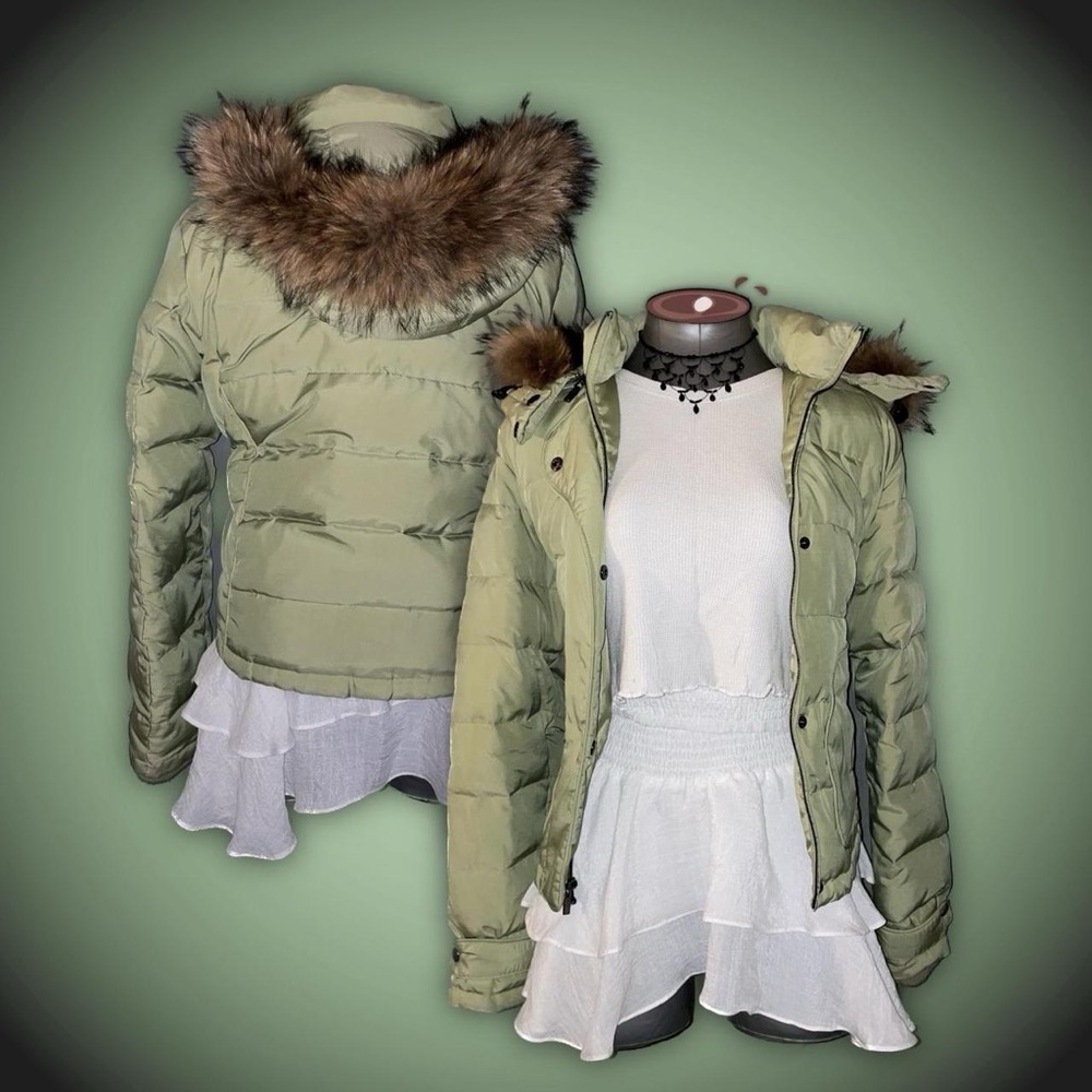 Green Raccoon Fur Trim Puffer Jacket